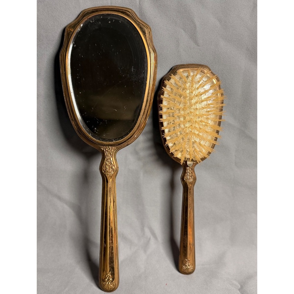 Vintage Mother of Pearl Inlay Gold Tone Vanity Set Hand Mirror Hairbrush 2pc - Picture 10 of 12